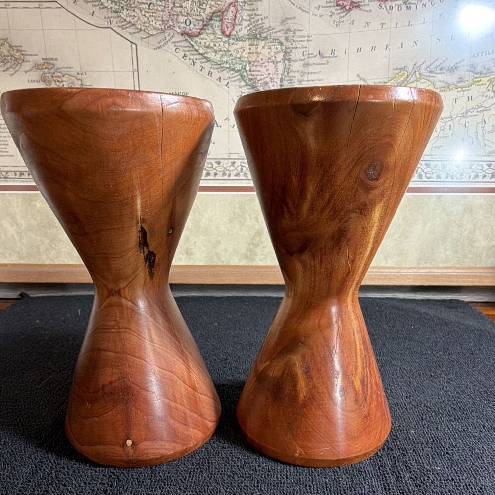 Wood Hourglass Pillar Candle Holder Set, Brown Rustic Natural Finish, Medium